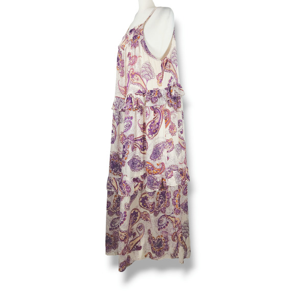 Boho Paisley Maxi Dress NWT Tie-Neck Tiered Cream Purple XS Band of the Free - Picture 2 of 9